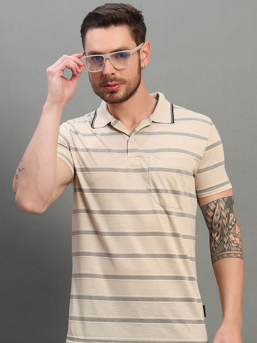 

RENUOVO Men Striped Polo Collar Cotton Slim Fit T-shirt, Beige