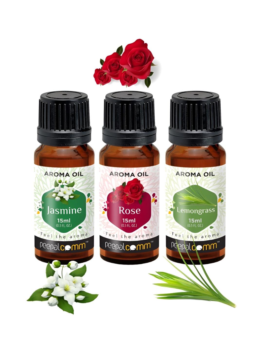 

PEEPALCOMM 3-Pcs Black Jasmine Rose & Lemon Aroma Oils - 15 ml