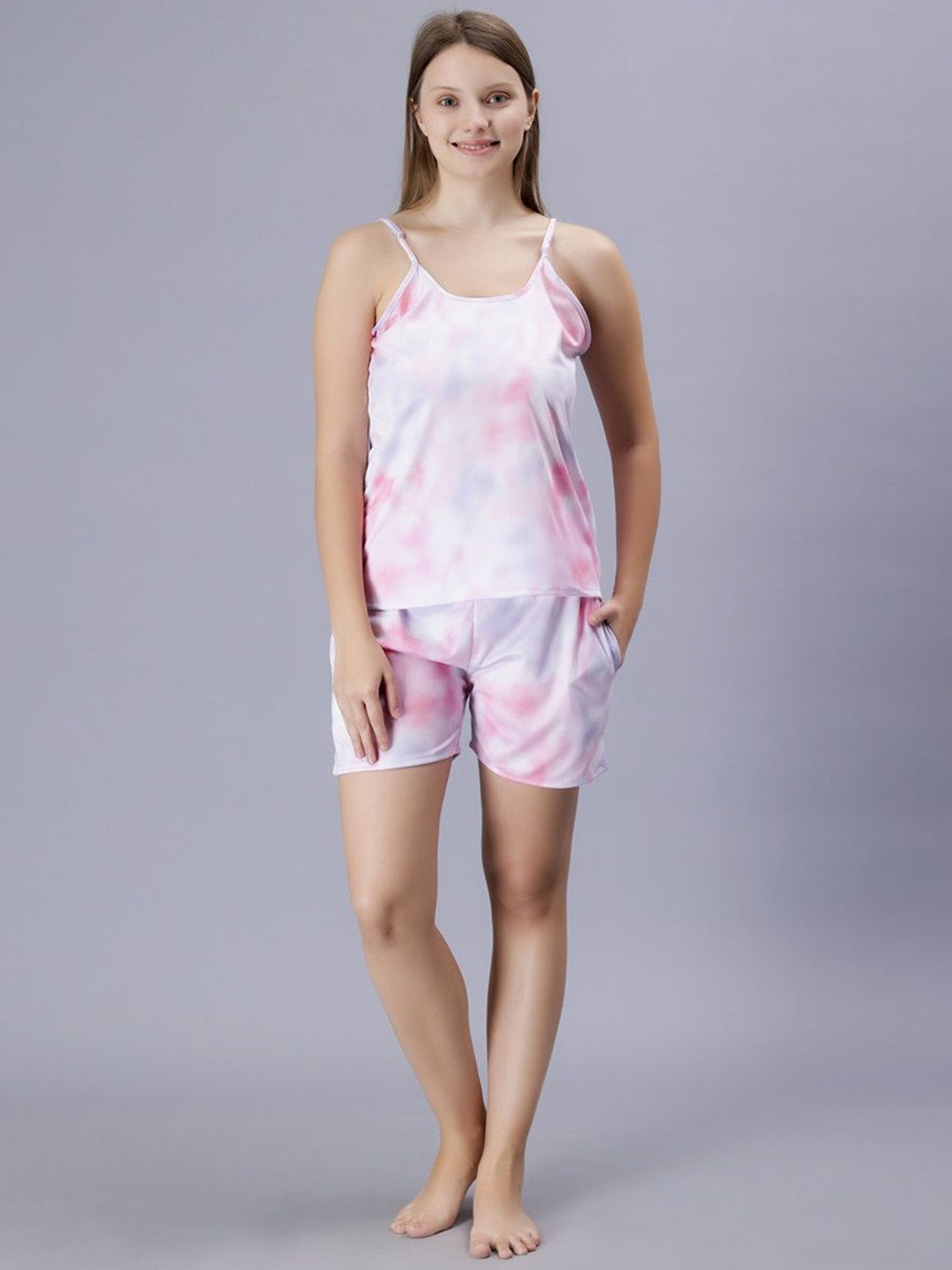 

XPIOX Tie & Dye Printed Shoulder Strap Neck Night Suit, Pink