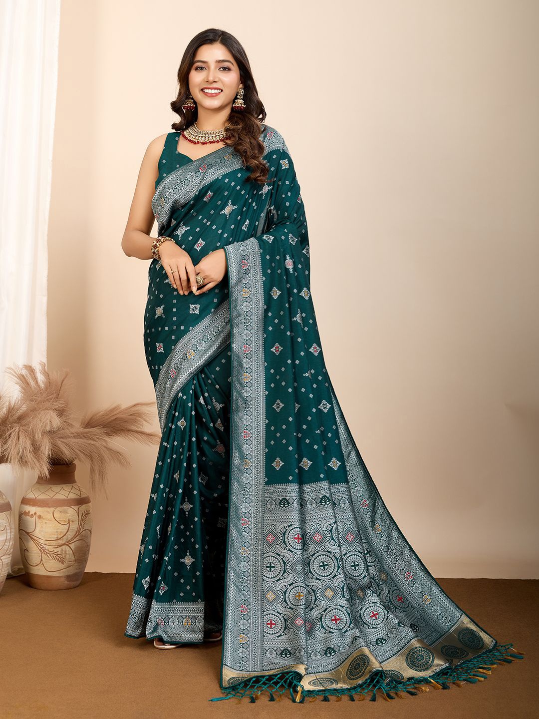 

Mitera Woven Design Pure Silk Patola Saree, Teal