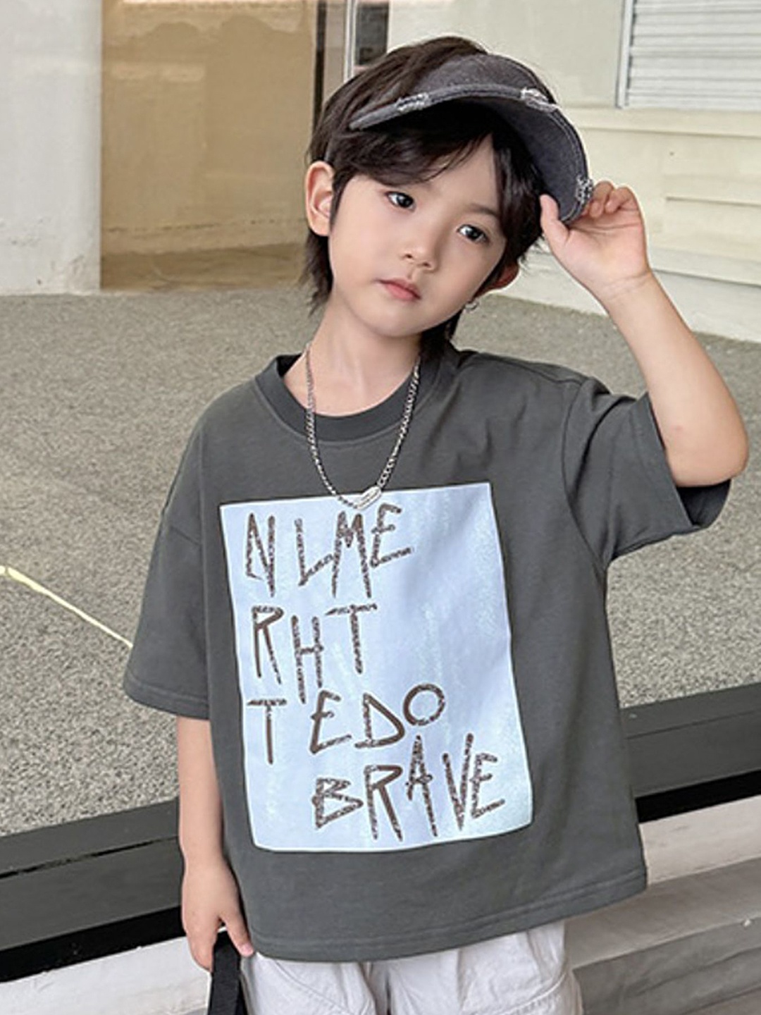 

LULU & SKY Boys Typography Printed V-Neck Pure Cotton Raw Edge T-shirt, Grey