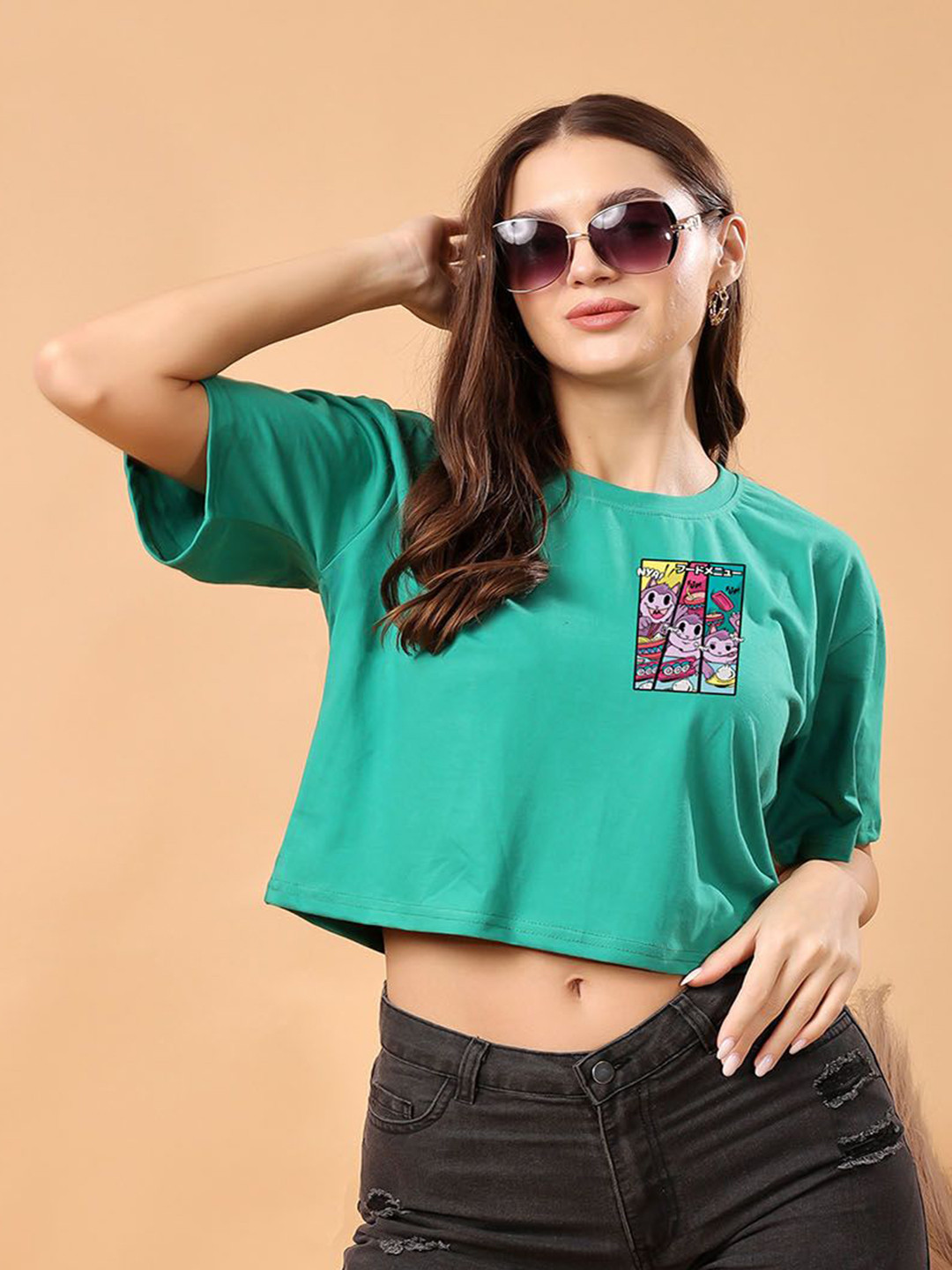 

SWIFTLY Women Bio Finish Graphic Printed Round Neck Cotton Boxy Fit T-shirt, Teal