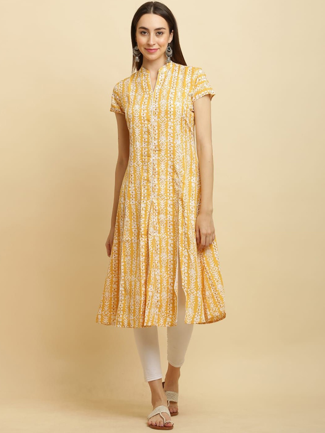 

DEGE Ethnic Motifs Printed Mandarin Collar A-Line Kurta, Yellow