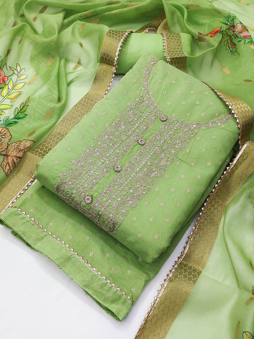 

TAVAS Floral Embroidered Sequinned Chanderi Silk Unstitched Dress Material, Green