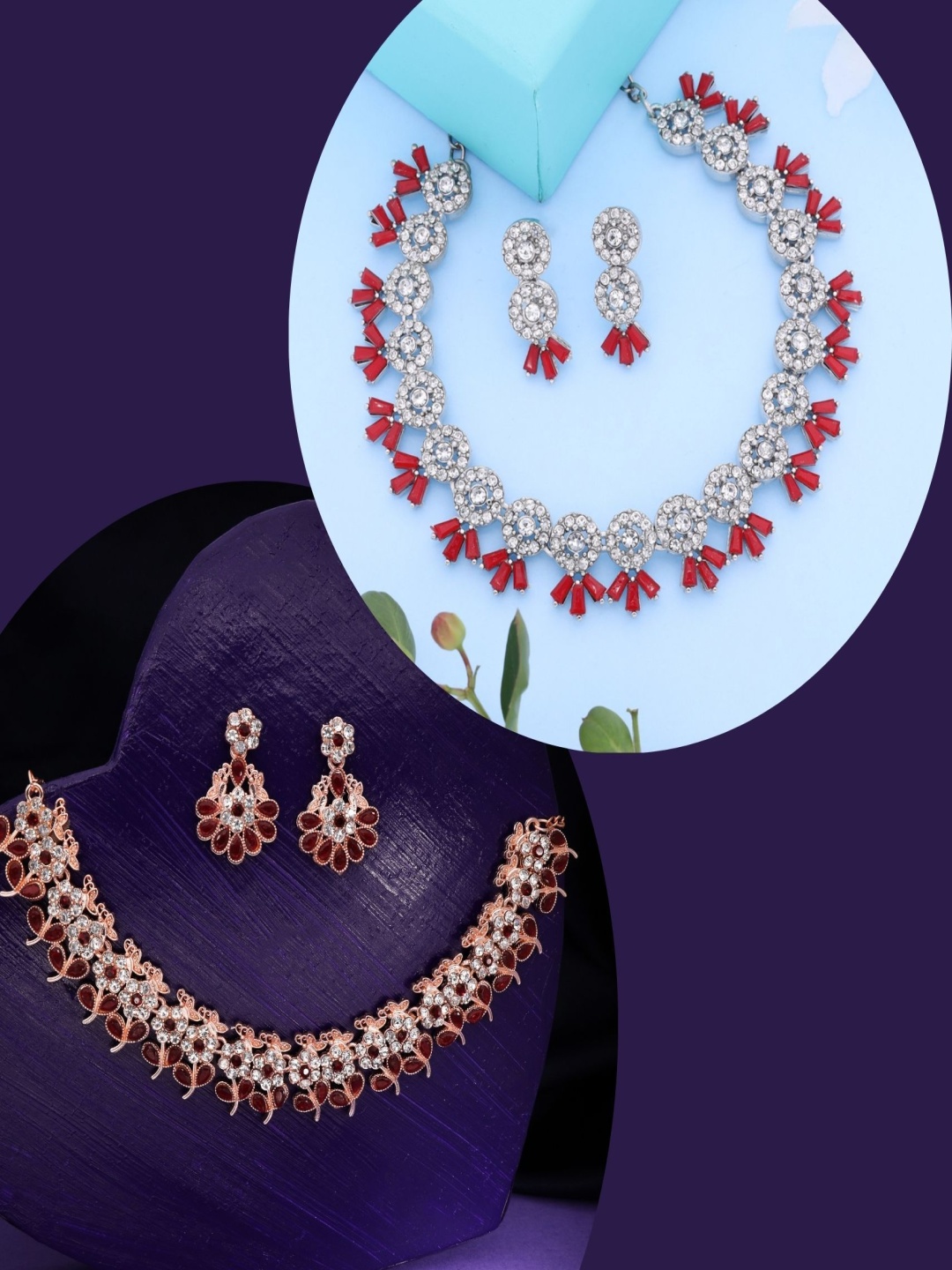 

DIVASTRI Pack Of 2 Silver & Rose Gold Plated American Diamond & Beaded Jewellery Set