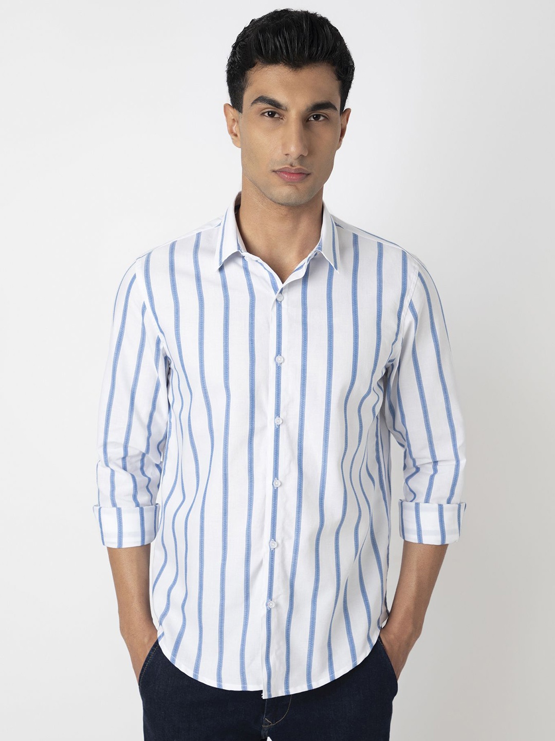 

MARK & ALBERT Men Slim Fit Opaque Striped Casual Shirt, Blue