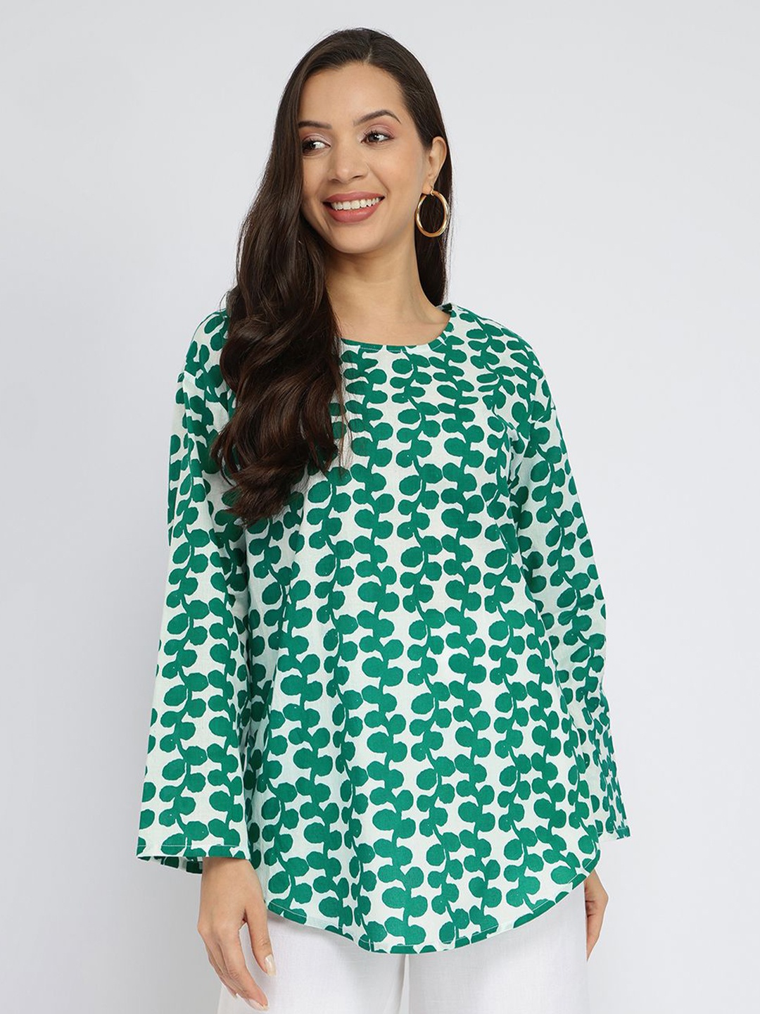 

Pink Fort Floral Print Cotton Top, Green