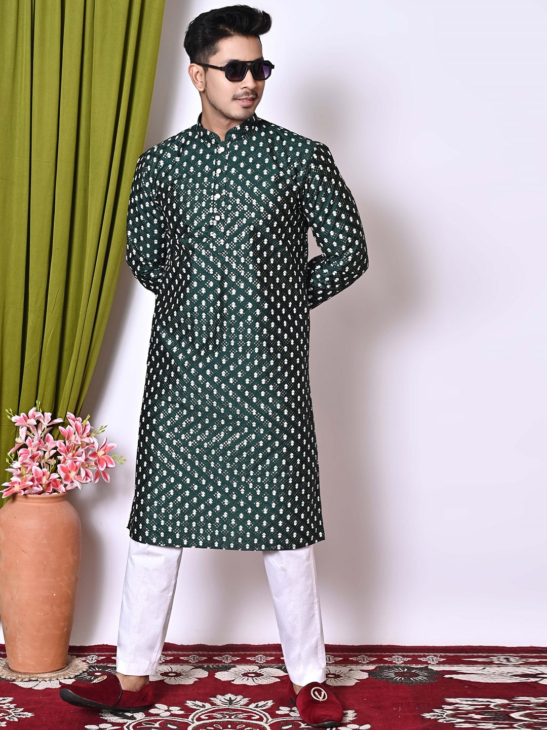 

NFC CREATION Floral Embroidered Sequinned Dupion Silk Straight Kurta With Trousers, Green