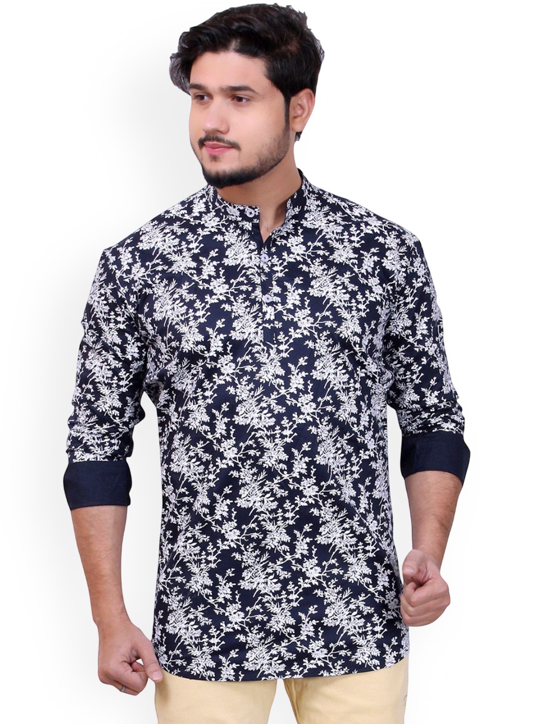 

MADE IN THE SHADE Floral Printed Band Collar Pure Cotton Straight Kurta, Navy blue