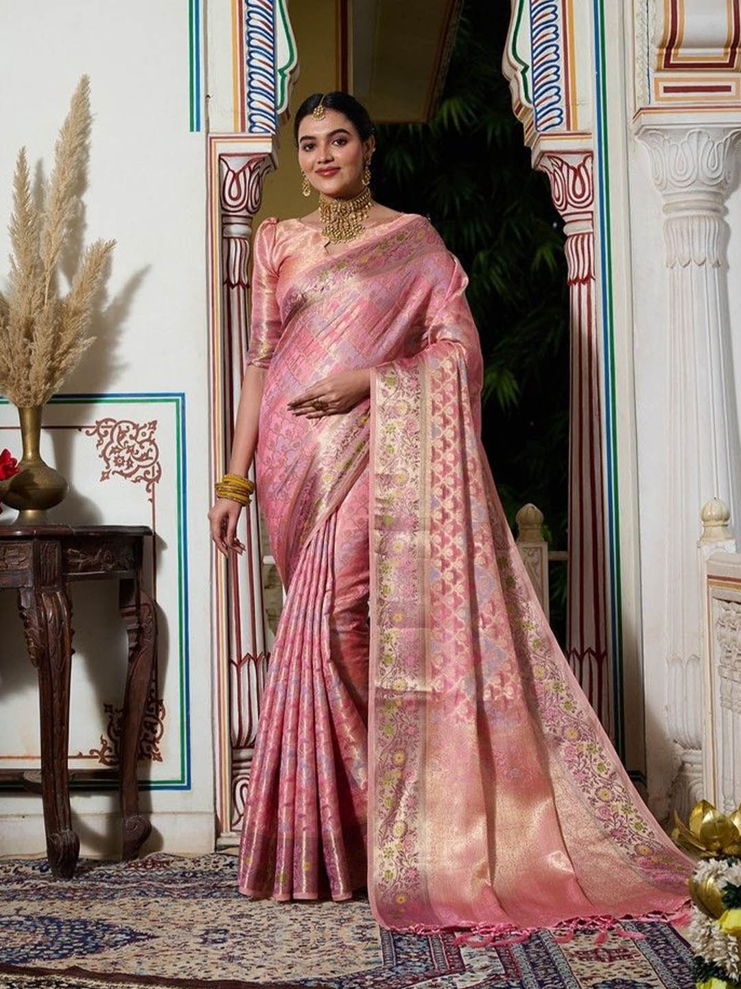 

K 5 Fashion Woven Design Zari Organza Saree, Pink