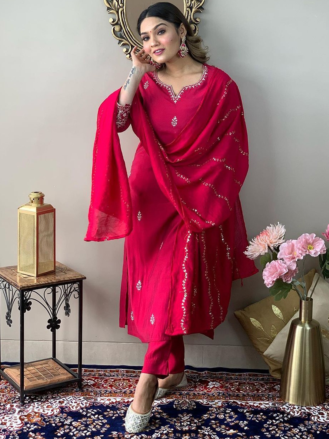 

KALINI Embroidered Notch Neck Kurta With Trousers & Dupatta, Pink