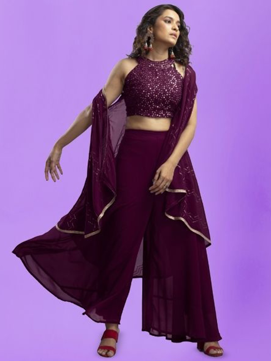 

PARROT CREATION Geometric Embroidered Halter Neck Georgette Crop Top With Palazzo & Shrug, Burgundy