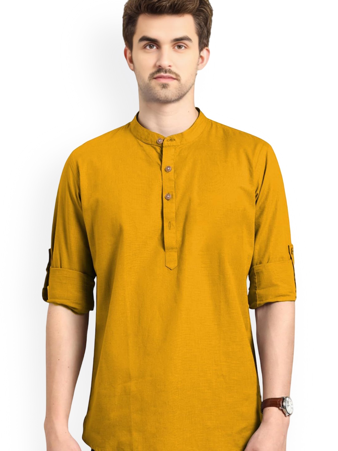 

Vida Loca Band Collar Cotton Slim Fit Straight Short Kurta, Yellow