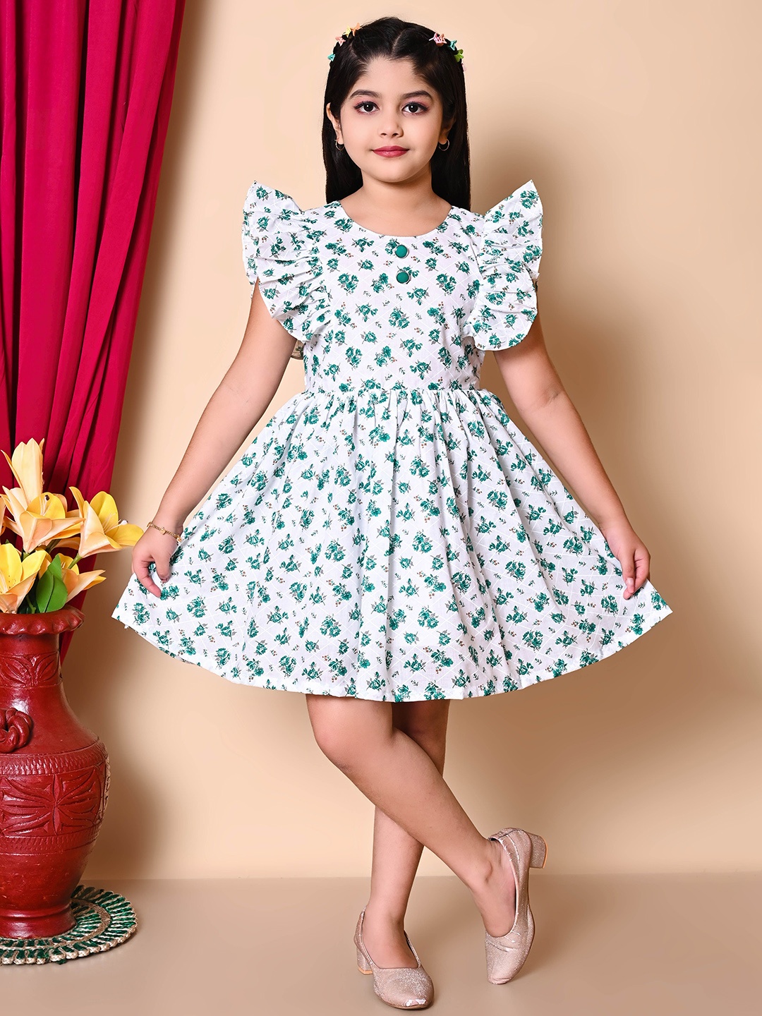 

BARKAT DESIGNING PLANET Polka Dot Flared Sleeve A-Line Dress, Green