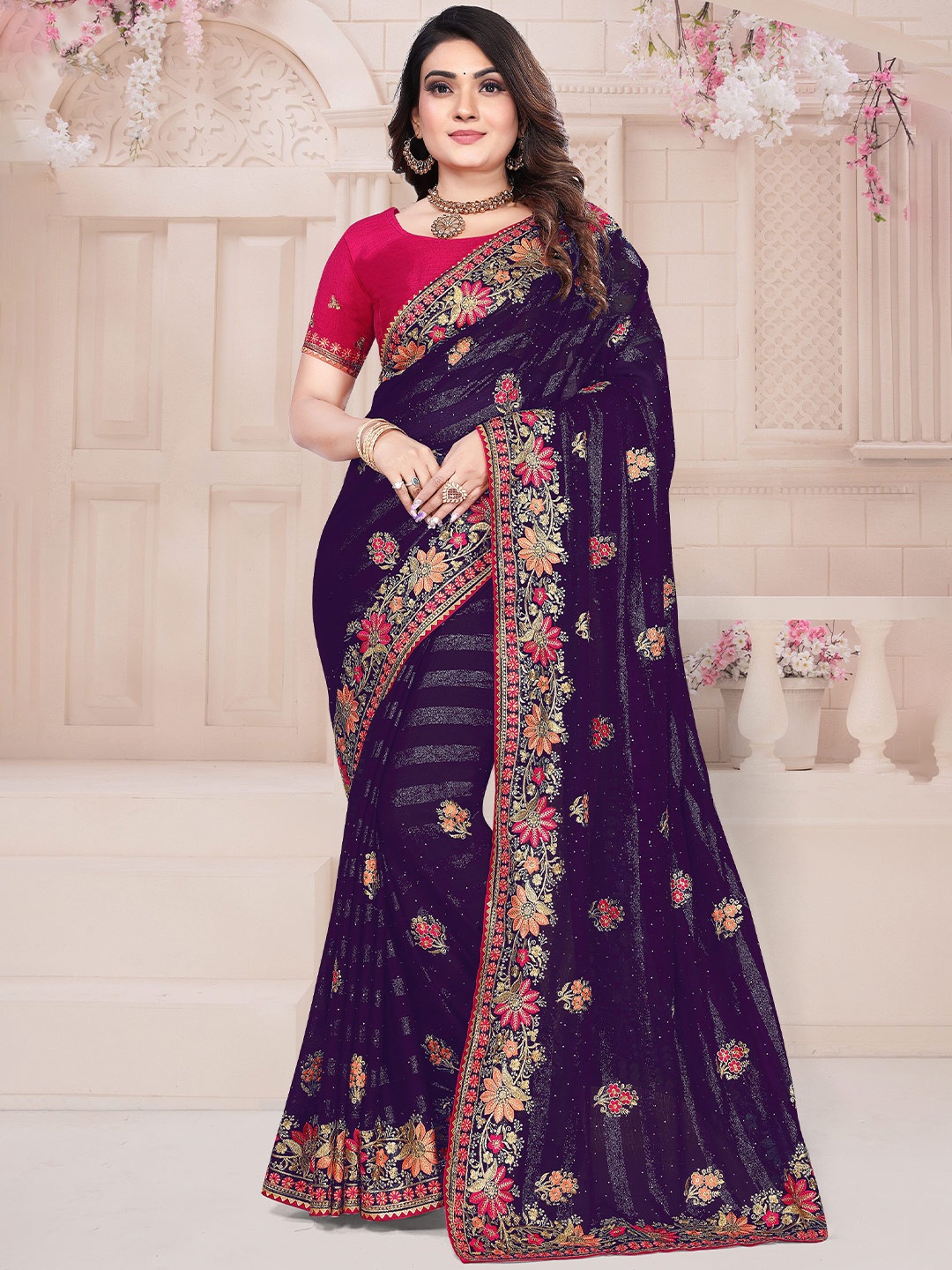 

KHRITI FAB Embellished Embroidered Silk Blend Saree, Purple