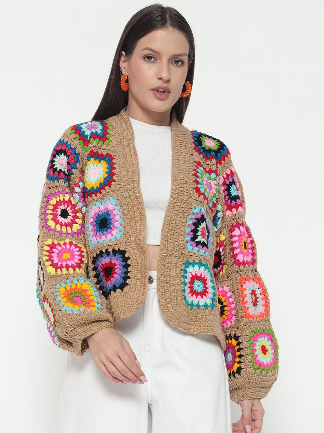 

Sugercandy Women Floral Ribbed Woollen Cardigan, Brown