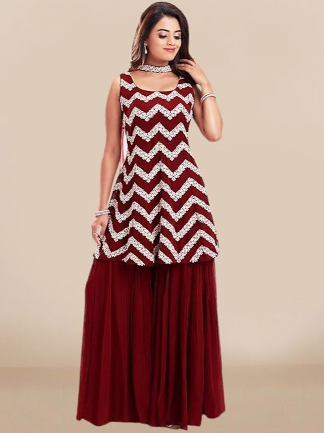 

PARROT CREATION Embroidered Straight Sequinned Kurti With Sharara And Dupatta, Maroon