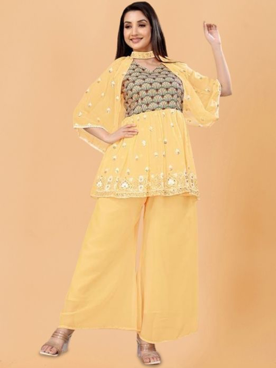 

PARROT CREATION Floral Embroidered Georgette V-Neck Kurti With Palazzos & Jacket, Yellow