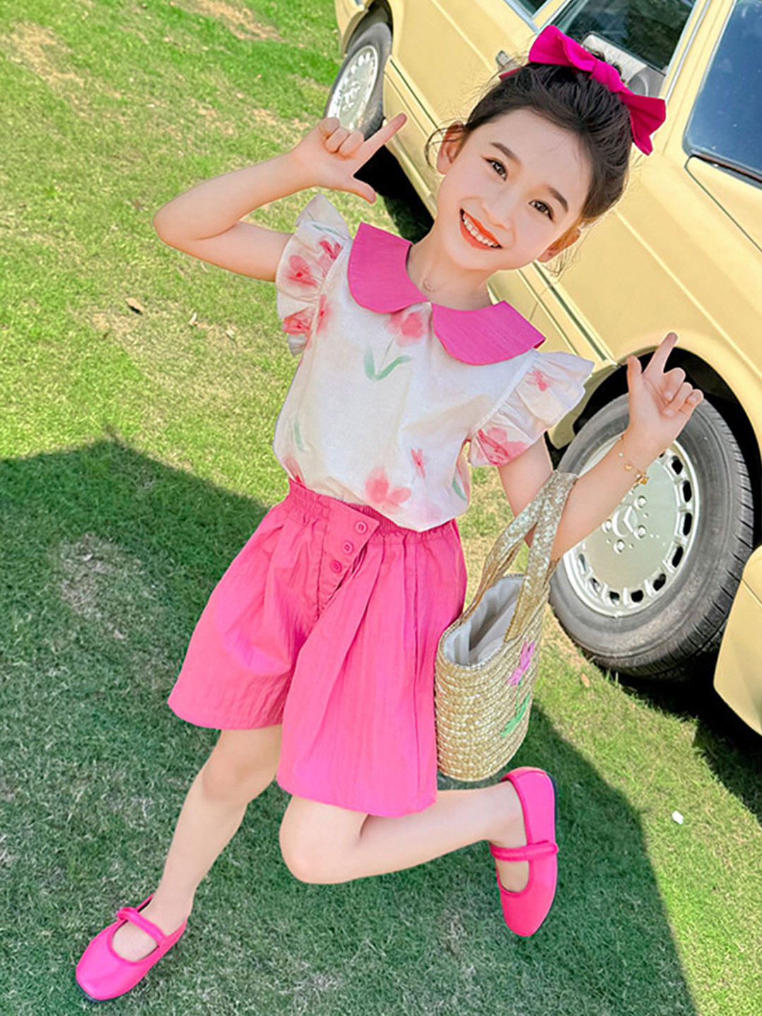 

LULU & SKY Girls Printed Short Sleeves Cotton Top With Shorts, Pink