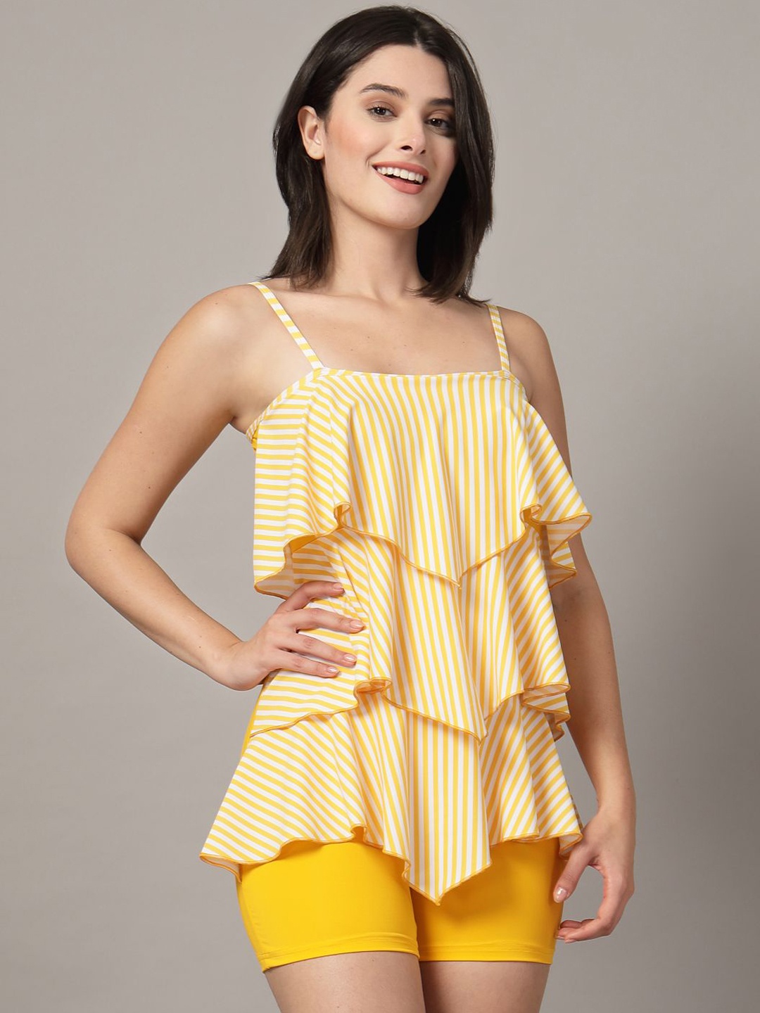 

CUKOO Striped Square Neck Swimming Dress, Yellow