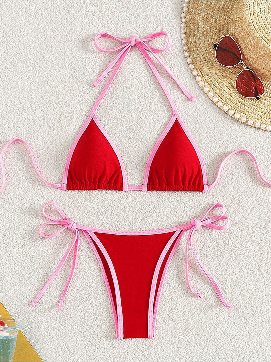 

BAESD Halter Neck Swim Bikini Set With Contrast Binding, Red