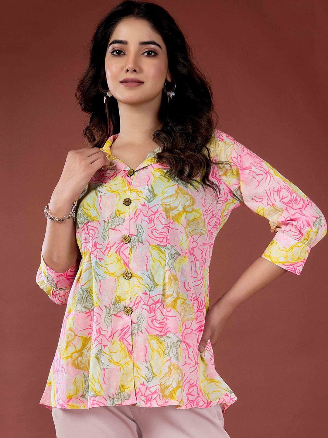 

Peachmode Floral Print Cotton Top, Yellow