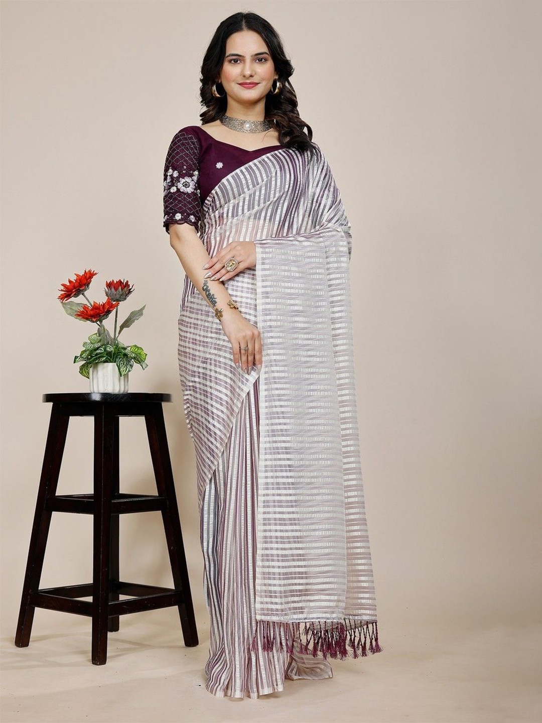 

K 5 Fashion Striped Embroidered Pure Chiffon Saree, Purple