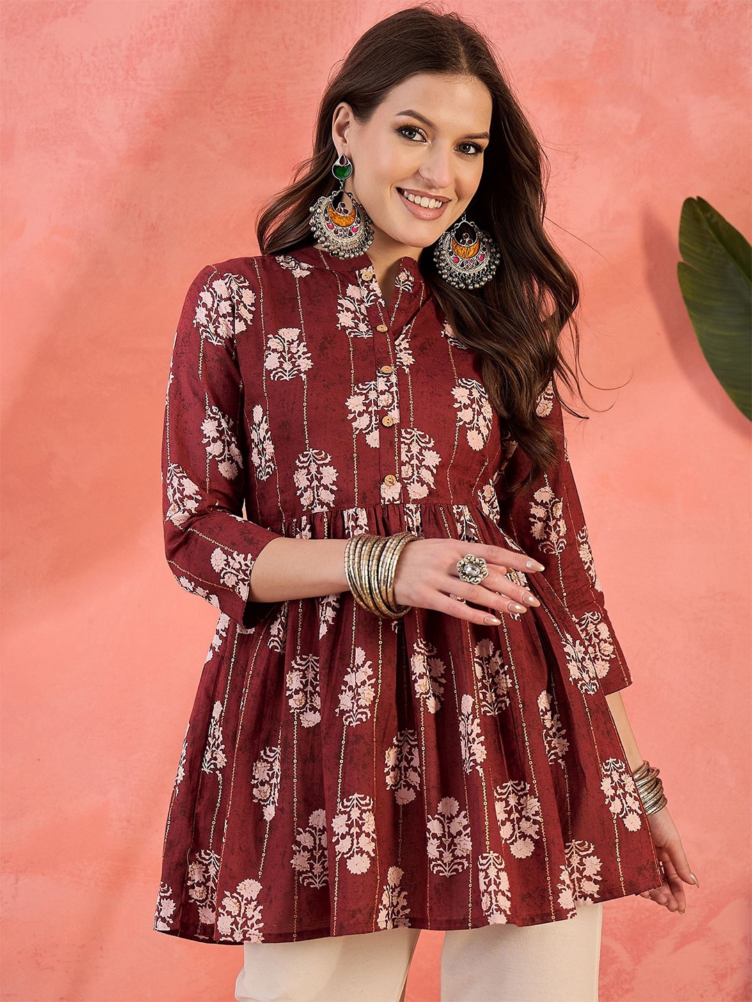 

Sangria Printed Pure Cotton Tops, Maroon