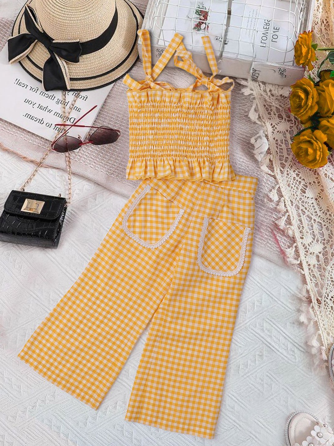 

pspeaches Girls Checked Shoulder Straps Pure Cotton Top With Palazzos, Yellow