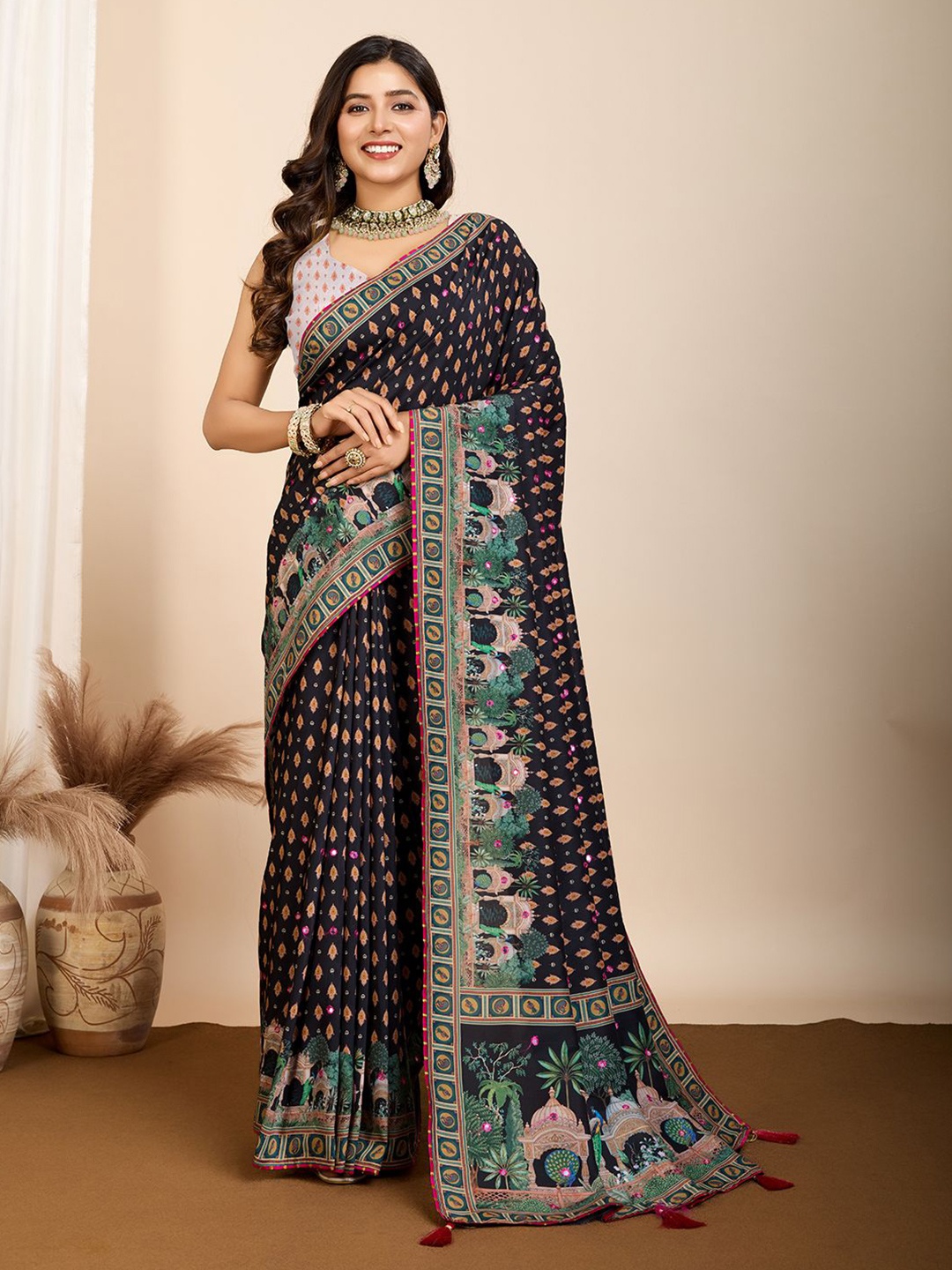 

ORUS Ethnic Motifs Mirror Work Pure Cotton Patola Saree, Black