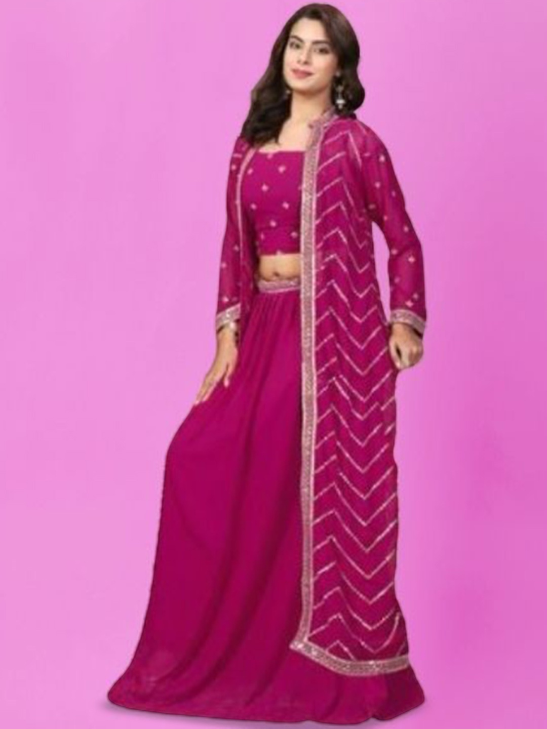 

PARROT CREATION Geometric Embroidered Georgette Crop Top With Skirt & Shrug, Pink