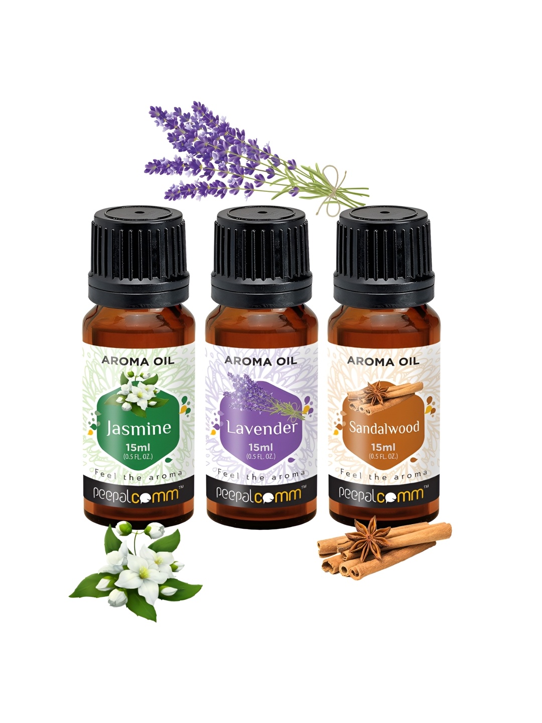 

PEEPALCOMM 3-Pcs Black Jasmine Lavender & Sandalwood Aroma Oils - 15 ml