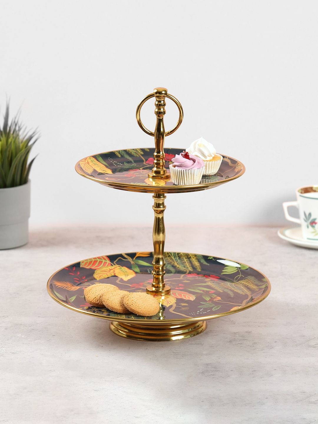 

India Circus by Krsnaa Mehta Gold-Toned & Green Fronds and Florets 2 Tier Serving Tray