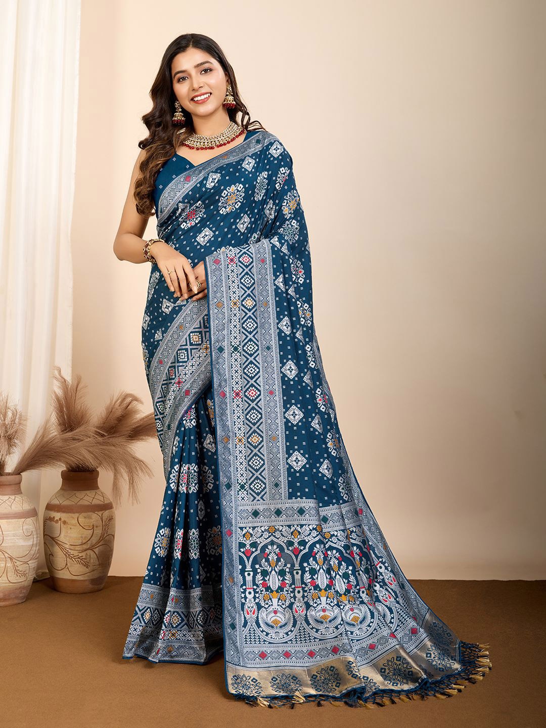 

ORUS Woven Design Zari Pure Silk Patola Saree, Teal