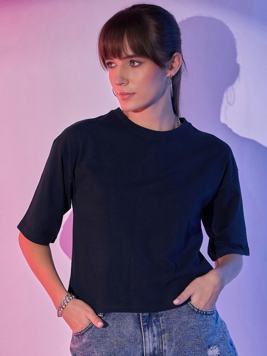 

DIMPY GARMENTS Women Pockets Boxy T-shirt, Navy blue