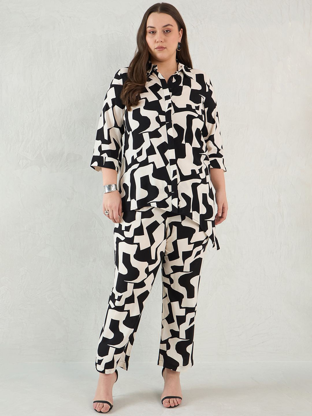 

FEMMELLA Plus Size Abstract Printed Shirt Collar Shirt With Trousers, Black