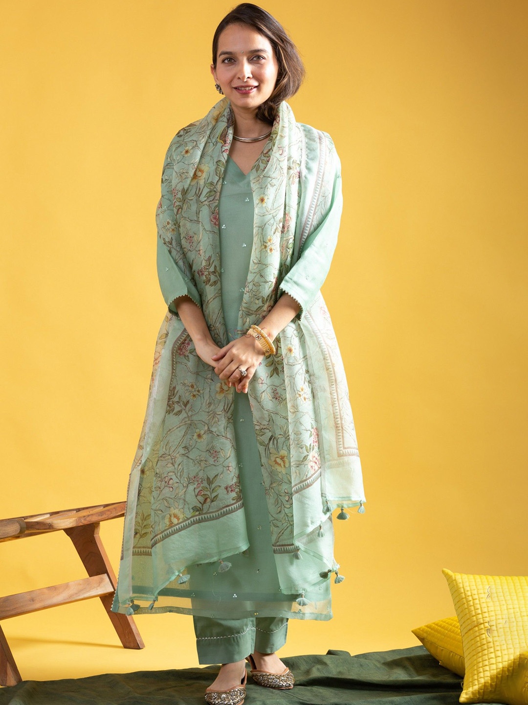 

KOTRONS Mirror Work V Neck Chanderi Silk Kurta With Trousers & Dupatta, Green