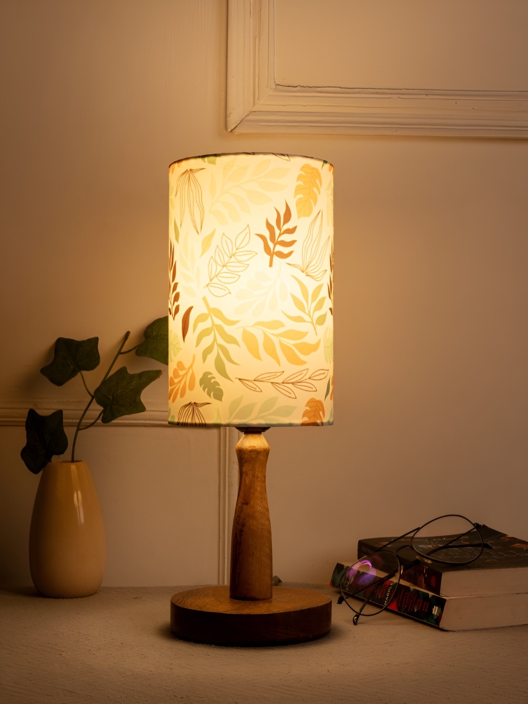 

green girgit Brown & White Printed Cylindrical Shaped Wooden Table Lamp with Bulb