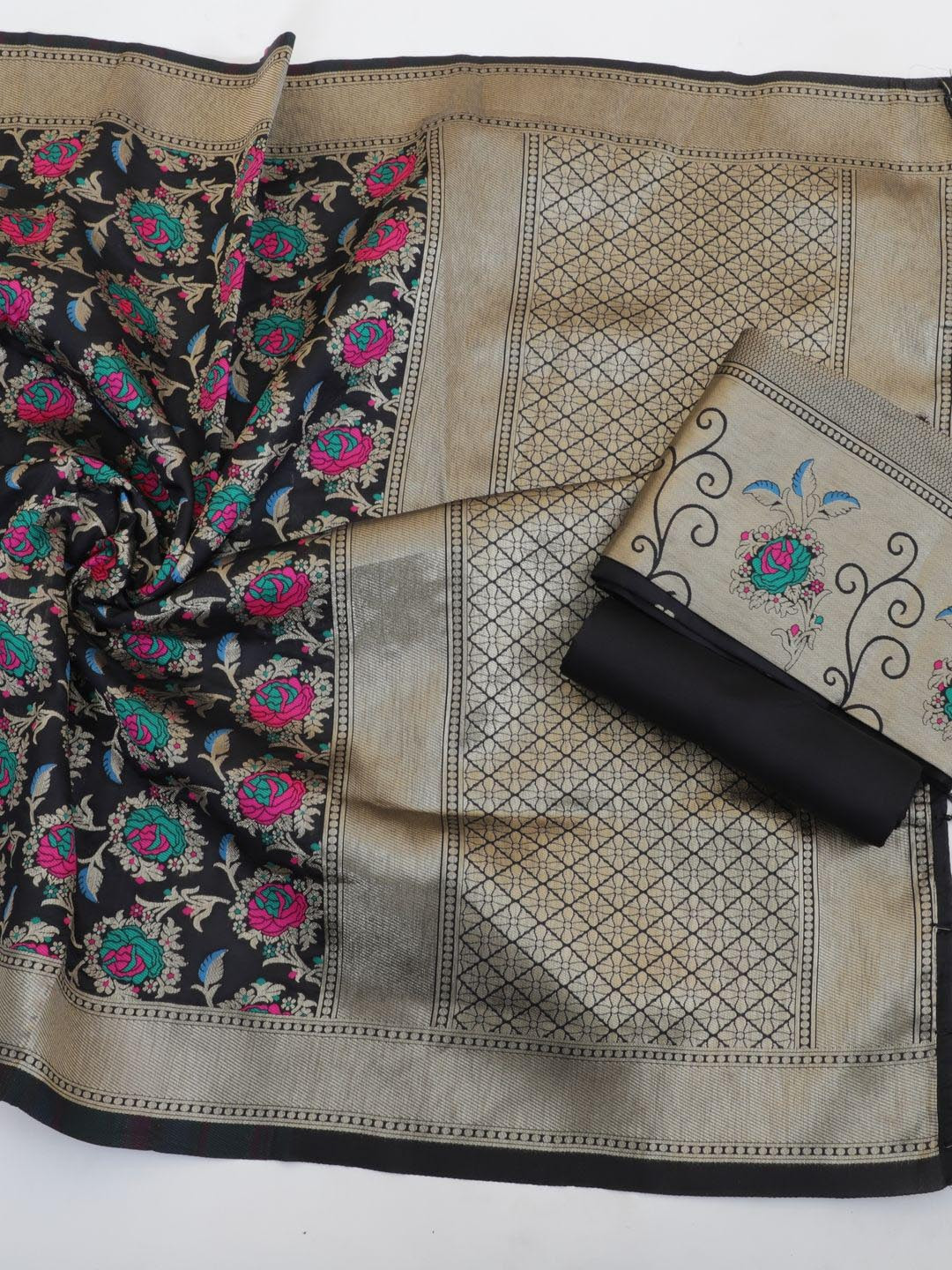 

Suha Floral Woven Design Unstitched Dress Material, Black