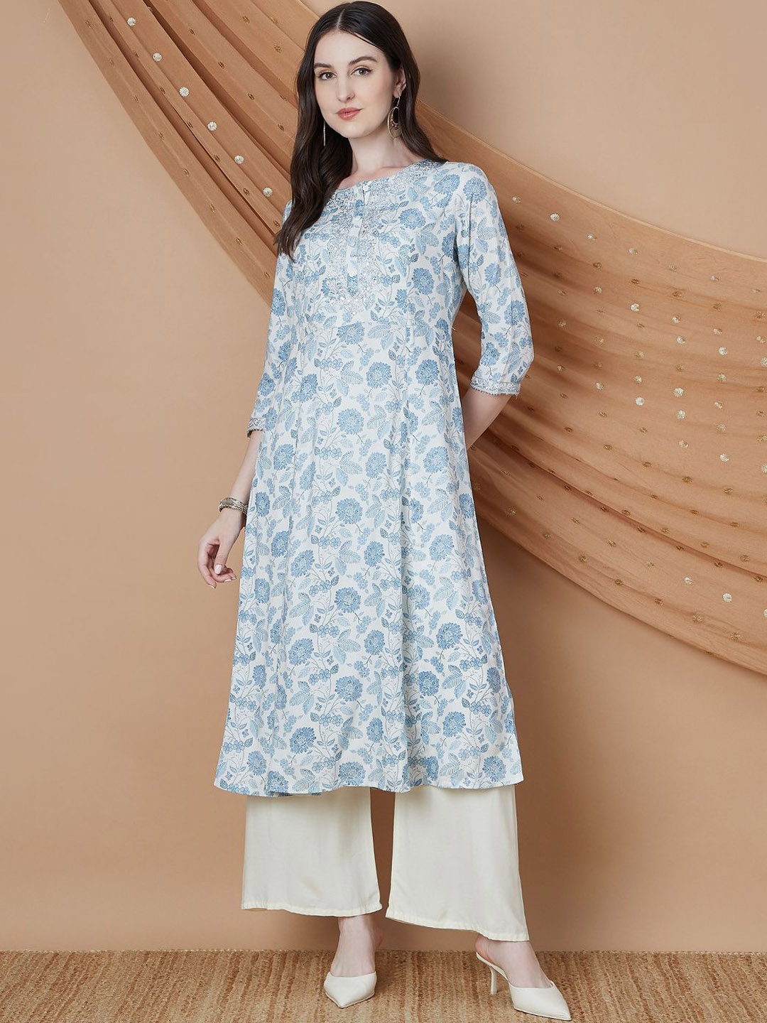

Melange by Lifestyle Floral Printed Mandarin Collar Kurta, Off white