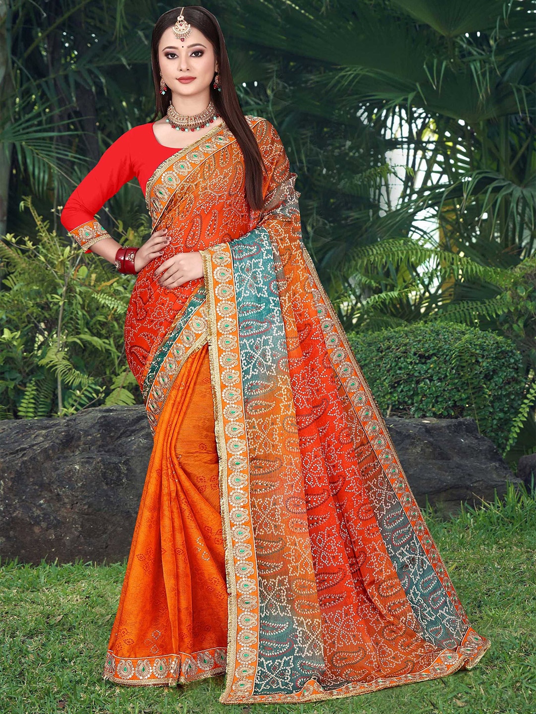 

DIVASTRI Bandhani Embroidered Poly Chiffon Bandhani Saree, Orange