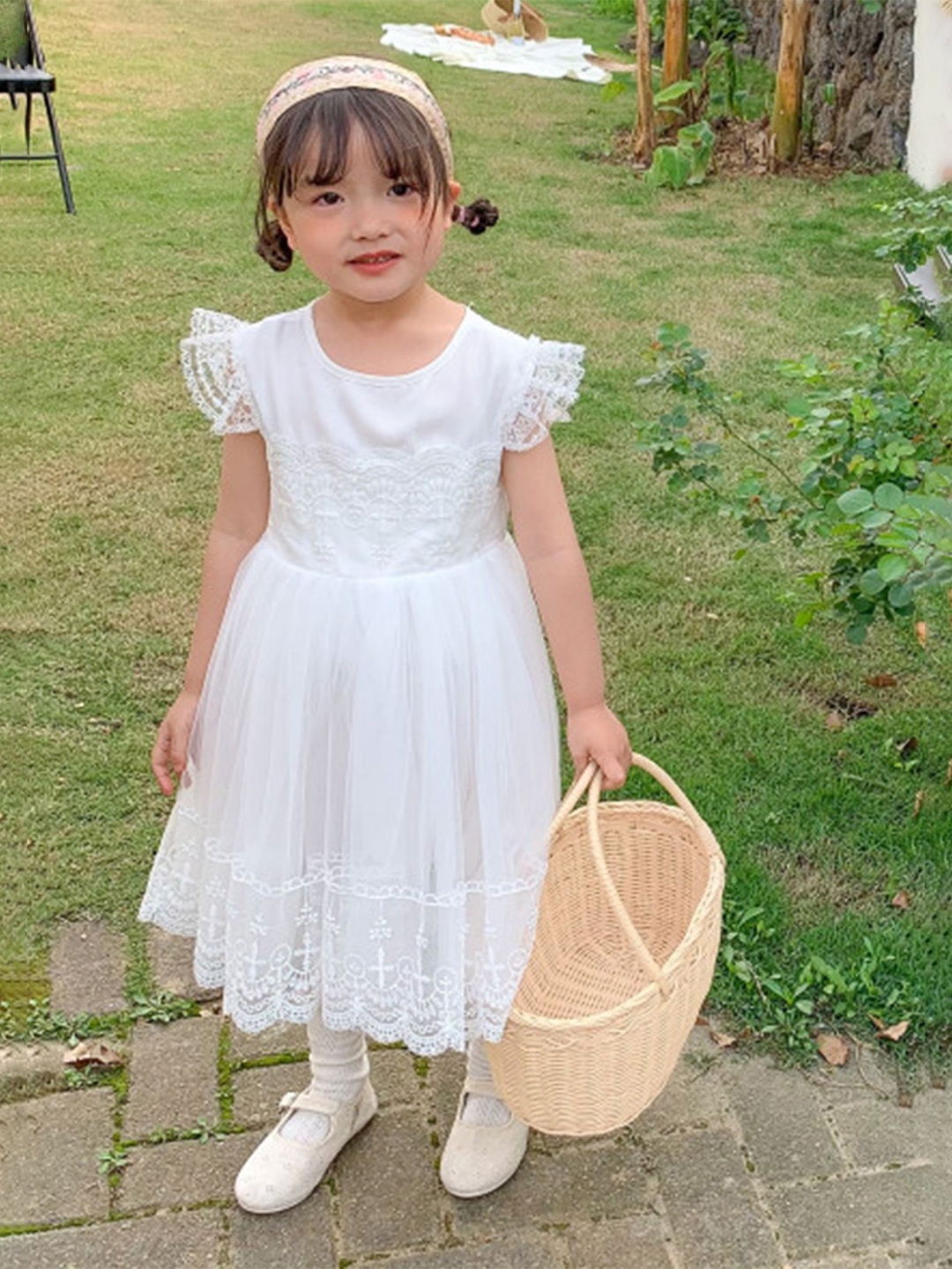 

LULU & SKY Girls Self Design Round Neck Flutter Sleeve Fit & Flare Dress, White