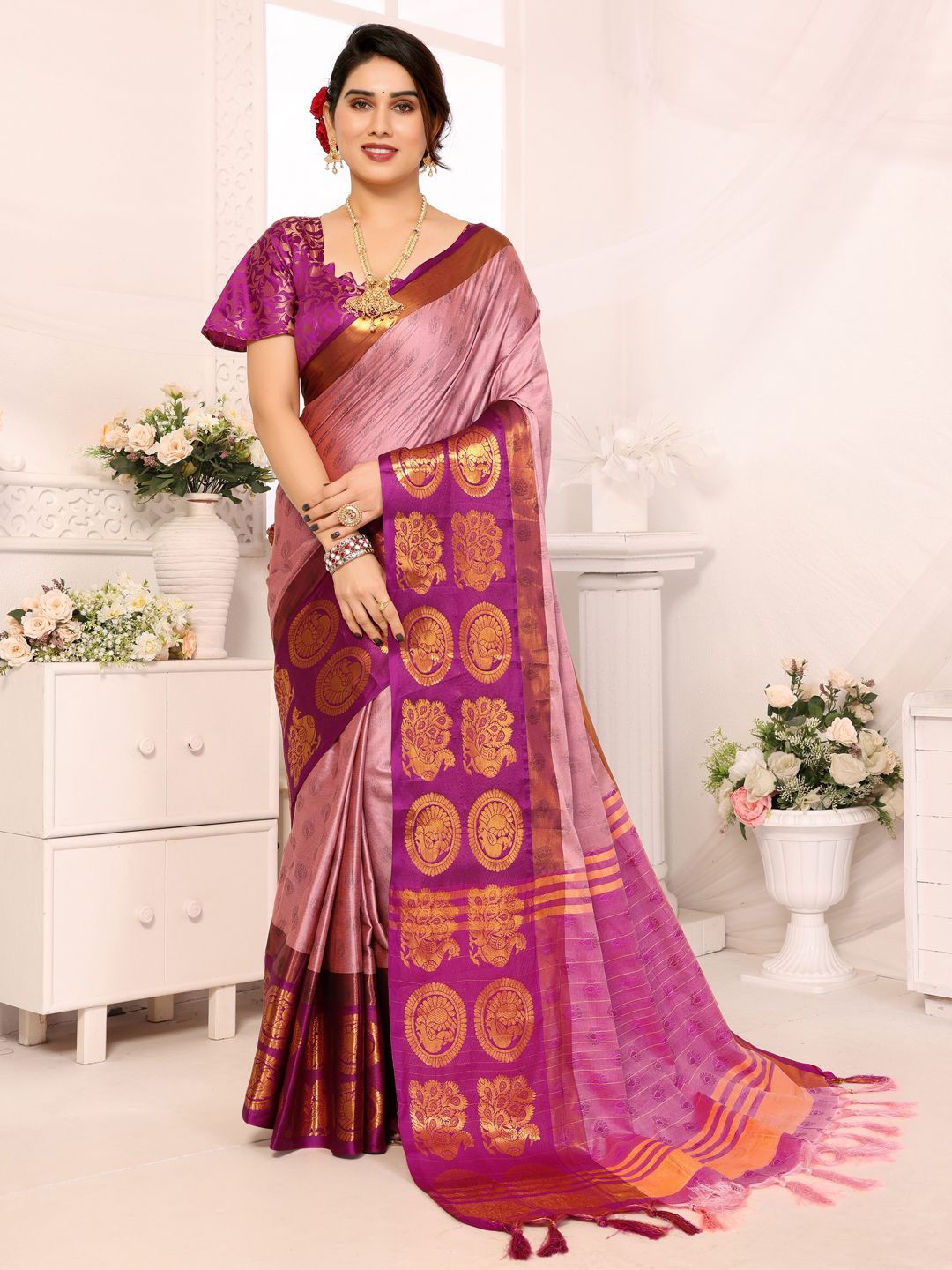 

SILKWEAR Woven Design Zari Silk Cotton Mysore Silk Saree, Pink