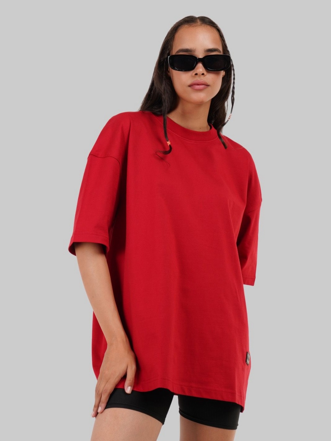 

Underrated Club Women Bio Finish Solid Round Neck Cotton Oversized T-shirt, Red