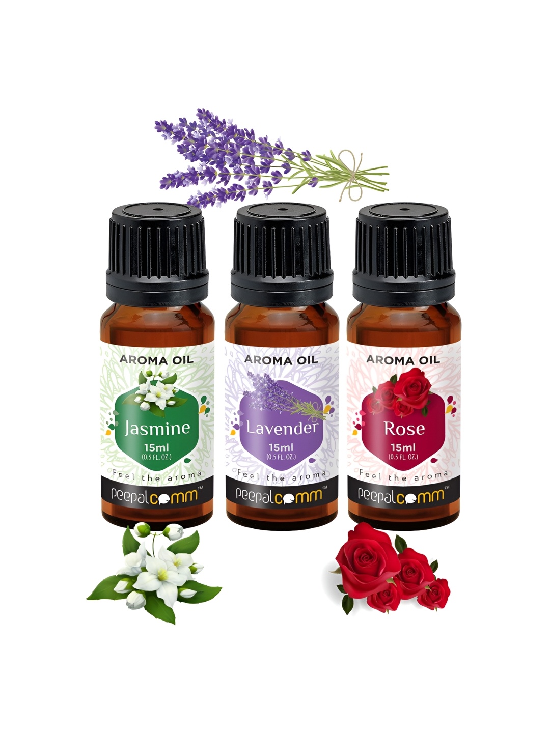 

PEEPALCOMM 3-Pcs Black Jasmine Rose & Lavender Aroma Oils - 15 ml