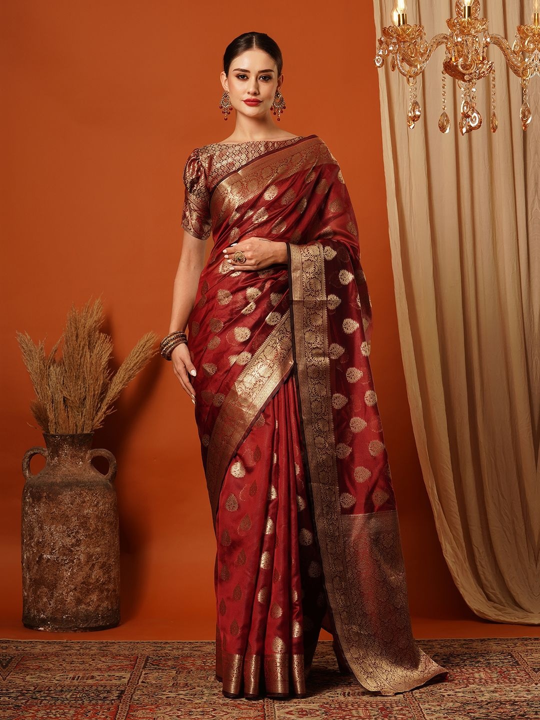 

SILKWEAR Ethnic Motifs Zari Organza Banarasi Saree, Maroon