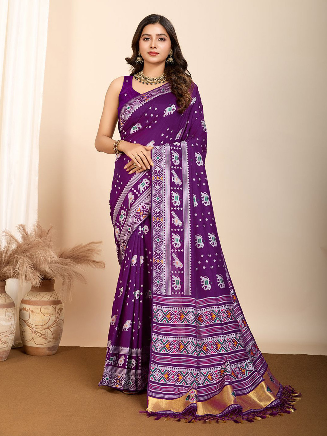 

Mitera Woven Design Zari Pure Silk Patola Saree, Purple