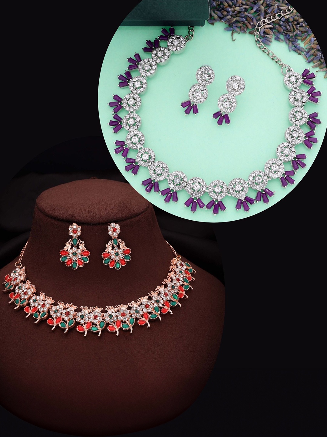 

DIVASTRI Set Of 2 Silver-Plated American Diamond-Studded Jewellery Set, Rose gold