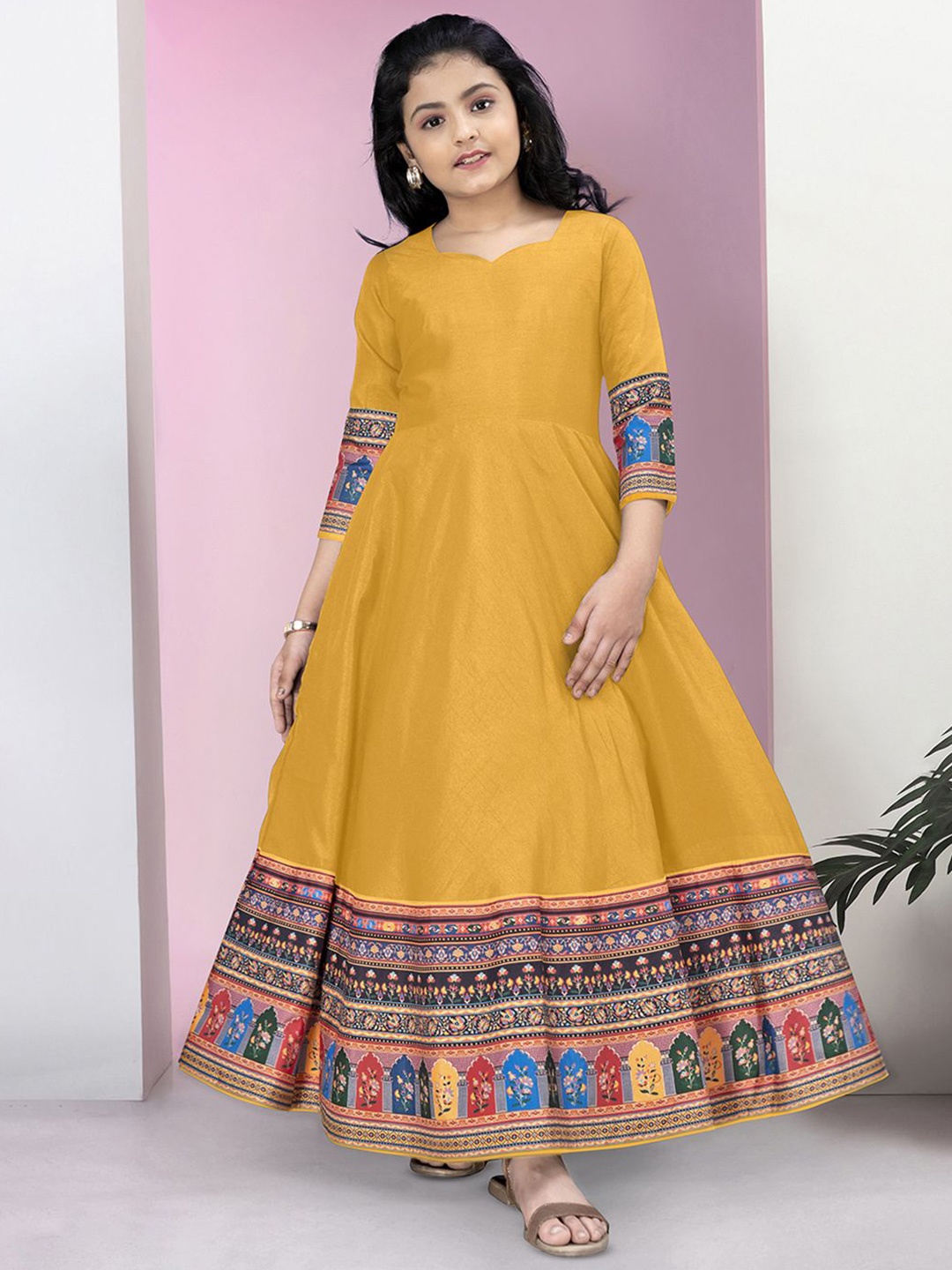 

Sangria Girls Digital Printed Anarkali Maxi Dress, Mustard