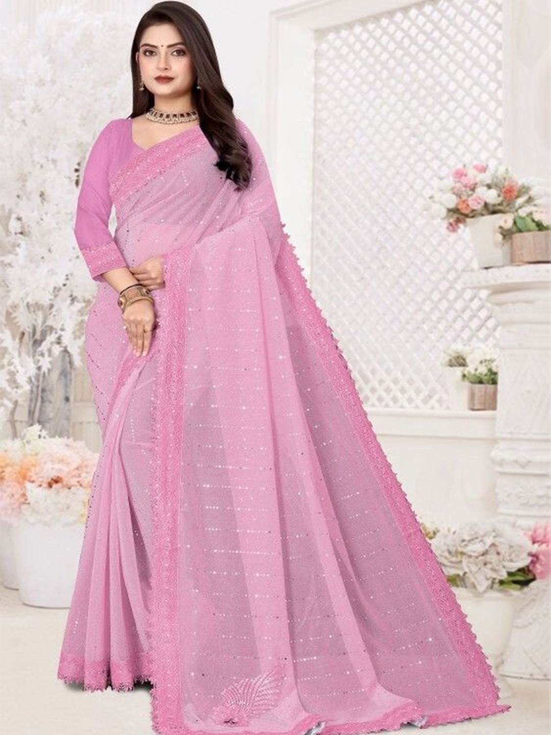 

APNISHA Embellished Beads and Stones Saree, Pink